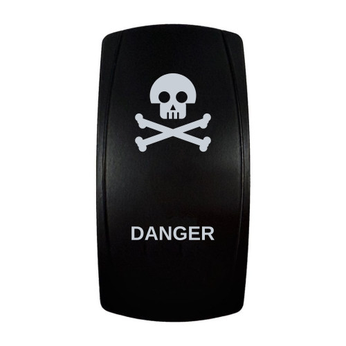 DANGER rocker switch with laser-etched skull & crossbones icon, in daylight