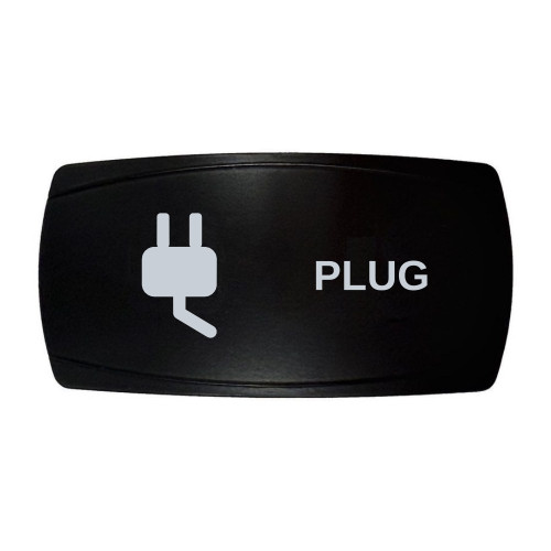 PLUG horizontal rocker switch with laser-etched plug icon, in daylight