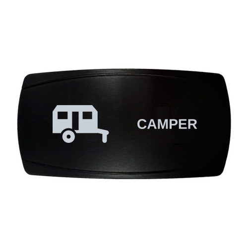 CAMPER horizontal rocker switch with laser-etched travel trailer icon, in daylight