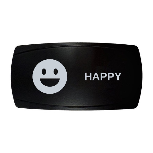 HAPPY horizontal rocker switch with laser-etched big grin icon, in daylight