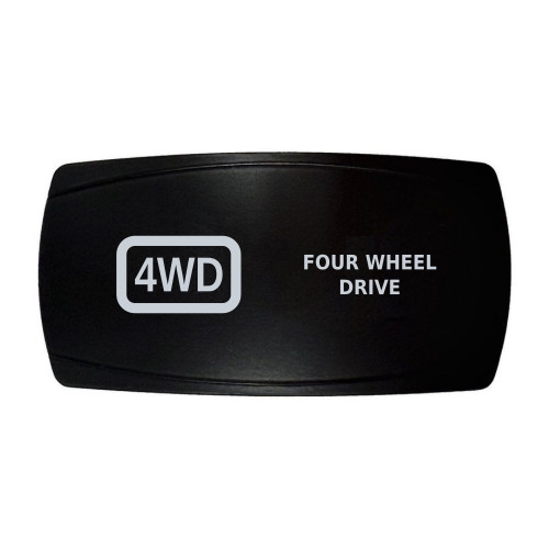 FOUR WHEEL DRIVE horizontal rocker switch with laser-etched 4wd icon, in daylight