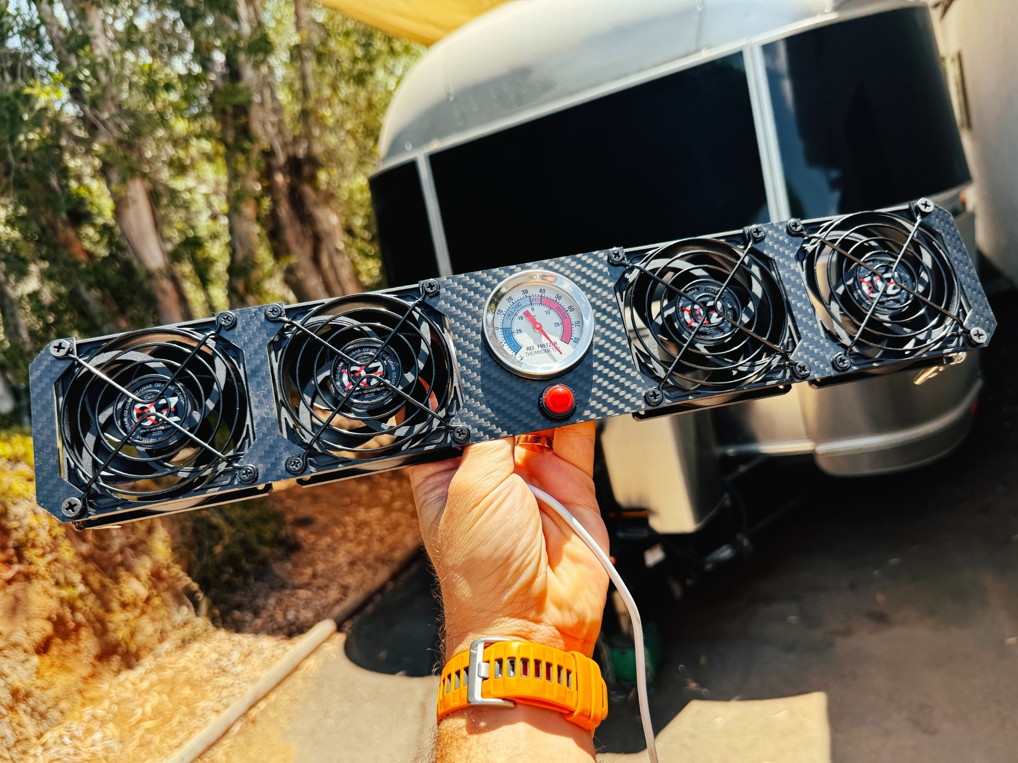 OZ-USA® Quad RV Fridge Fan with Thermometer 12v Carbon Fiber fits