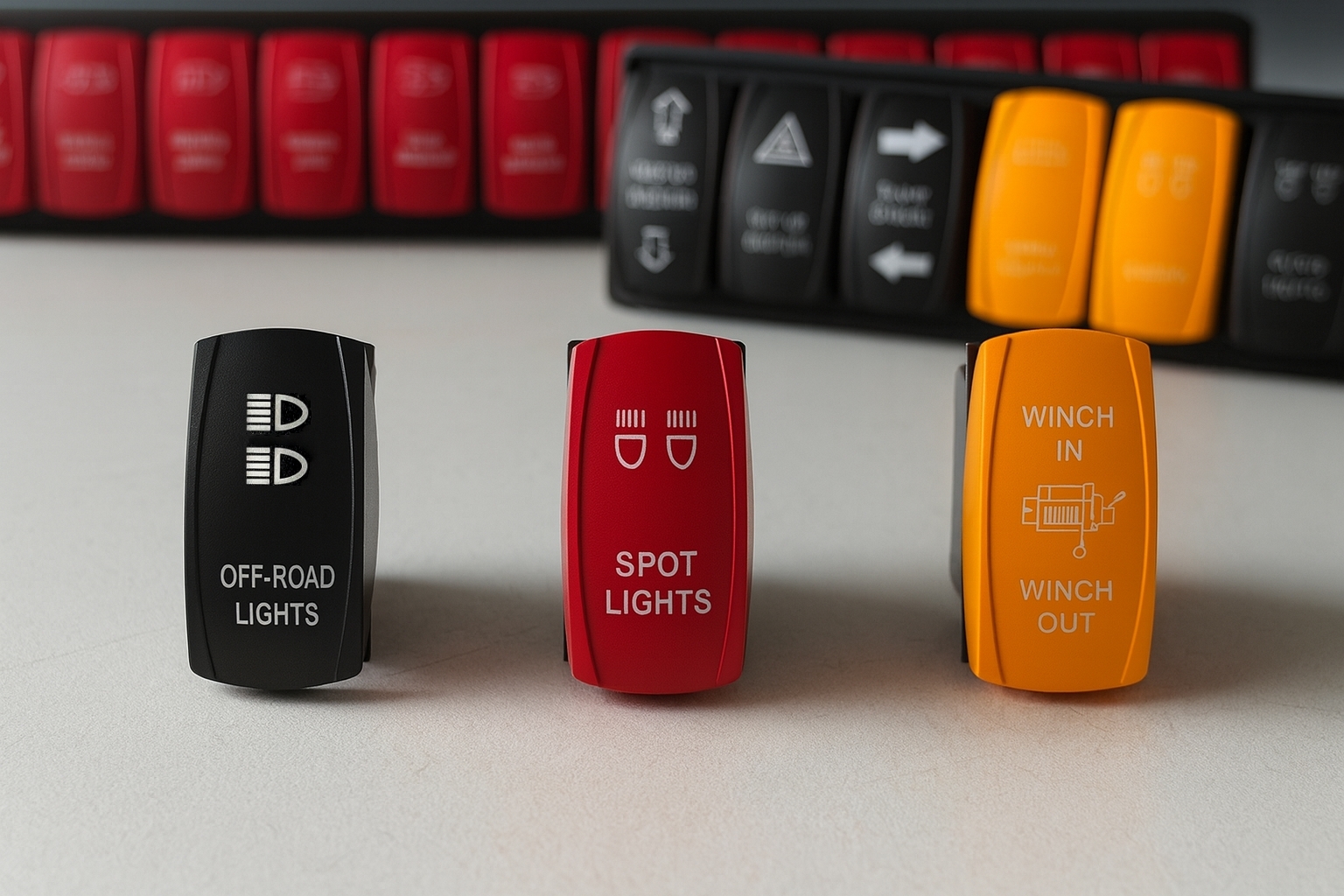 LASER On/Off Yellow Rocker Switch – 4-Pin Laser-Etched White LED
