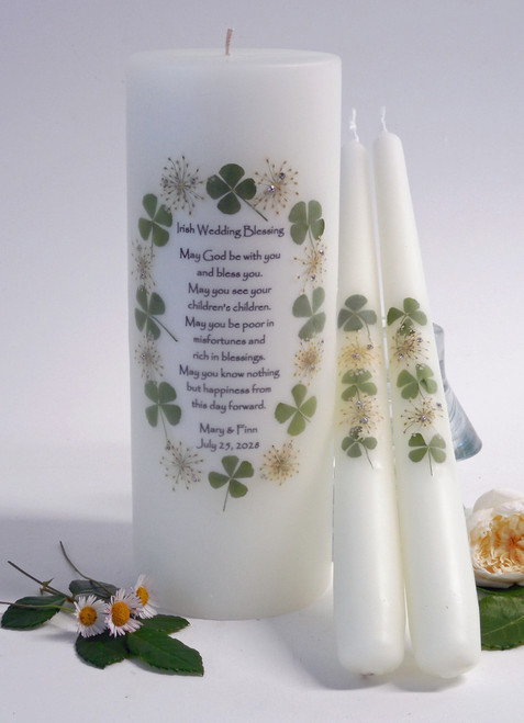 Personalized Oval Clover Irish Wedding Unity Candle Set - candles for wedding ceremony - Customized Irish wedding candles.