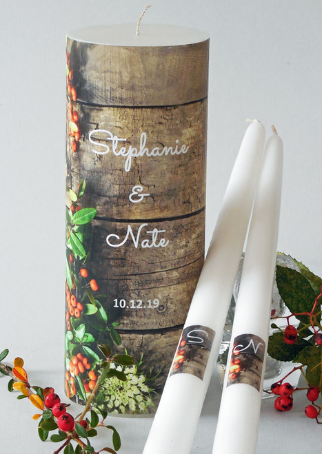 Orange Foliage Rustic Wood Wedding Unity Candle Set