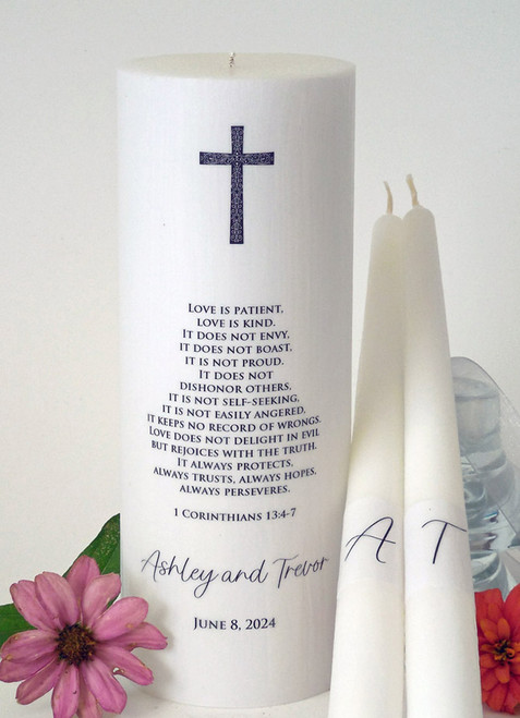 Personalized Black Modern Cross Wedding Unity Candle Set - First Corinthians 13 candles for wedding ceremony - Customized Christian wedding candles.