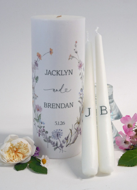 Personalized Wildflower Wreath Wedding Unity Candle Set - candles for wedding ceremony - Customized unity candles.