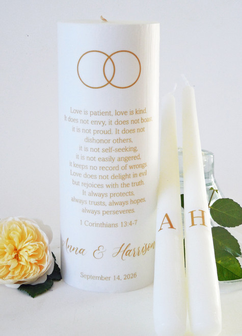 Personalized Gold Wedding Rings Unity Candle Set - 1 Corinthians 13 candles for wedding ceremony - Customized Christian wedding candles.