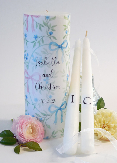 Grandmillennial Blue Ribbon Wedding Unity Candles