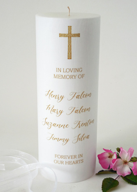 Personalized Gold Modern Cross 3x8 Memorial Candle -  Christian memorial candles - Customized Memorial Candles.