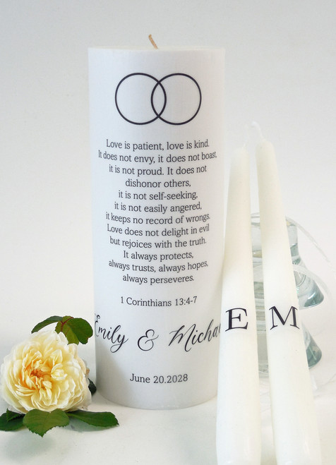Personalized Black Wedding Rings Unity Candle Set - First Corinthians 13 candles for wedding ceremony - Customized Christian wedding candles.