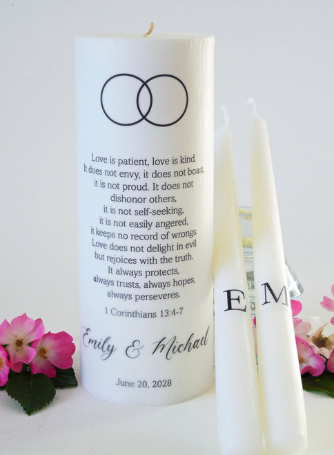 Personalized Black Wedding Rings Unity Candle Set - First Corinthians 13 candles for wedding ceremony - Customized Christian wedding candles.