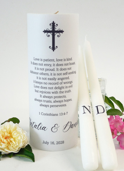 Personalized Black Ornate Cross Wedding Unity Candle Set - First Corinthians 13 candles for wedding ceremony - Customized Christian unity candles.