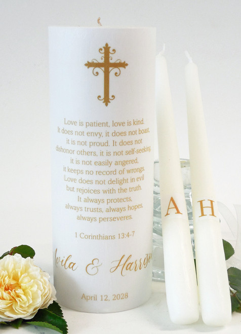 Personalized Gold Ornate Cross Wedding Unity Candle Set - First Corinthians 13 candles for wedding ceremony - Customized Christian unity candles.