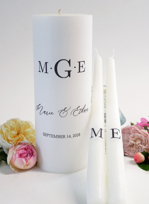 Personalized Black 3 Initial Monogram Wedding Unity Candles - candles for wedding ceremony - Customized monogrammed wedding candles.