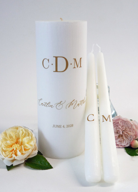 Personalized Gold 3 Initial Monogram Wedding Unity Candles - candles for wedding ceremony - Customized monogrammed wedding candles.