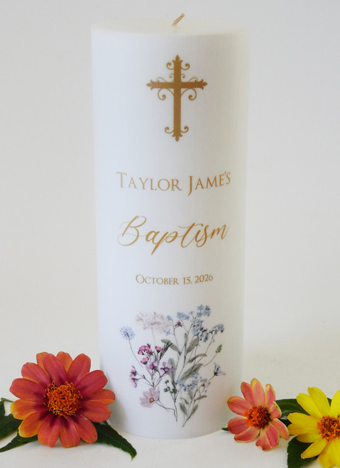 Personalized Blue Bouquet 3x8 Baptism Candle - Customized Baptism Candles
