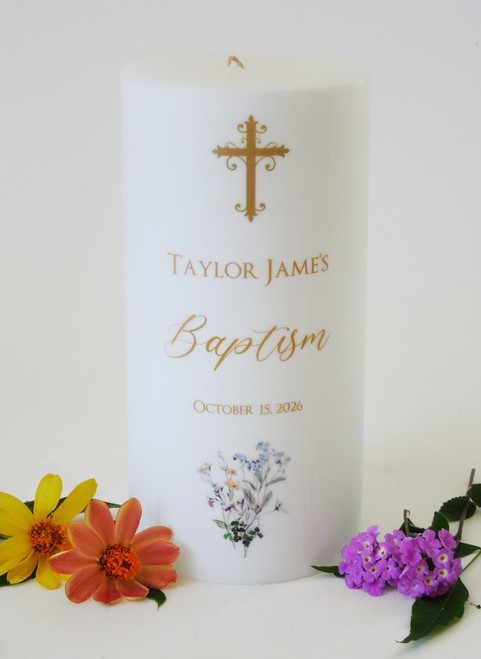 Personalized Blue Bouquet 3x6 Baptism Candle - Customized Baptism Candles