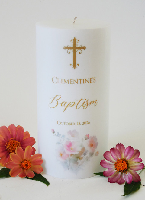 Personalized Pink Bouquet 3x6 Baptism Candle - Customized Baptism Candles