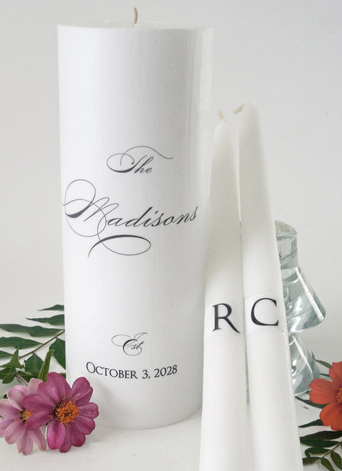 Personalized Black Script Surname Wedding Unity Candles - candles for wedding ceremony - Customized last name wedding candles.