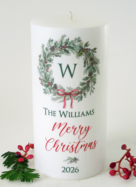 Personalized Christmas Wreath 3x6 Christmas Candle - Customized Christmas Candles