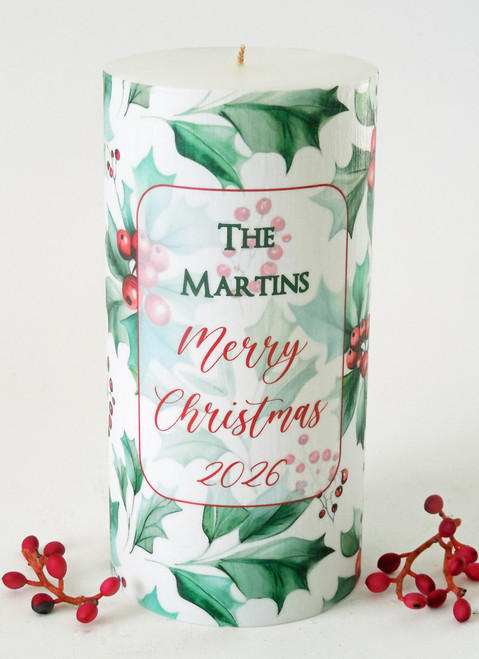Personalized Christmas Holly Berries 3x6 Christmas Candle - Customized Christmas Candles