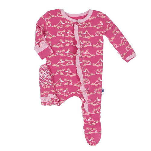 Print Ruffle Footie in Winter Rose Pine Birds