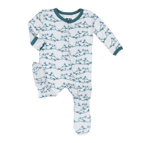 Print Footie with Snaps in Natural Pine Birds