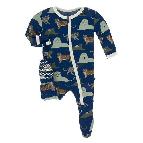 Print Footie with Zipper in Flag Blue Big Cats