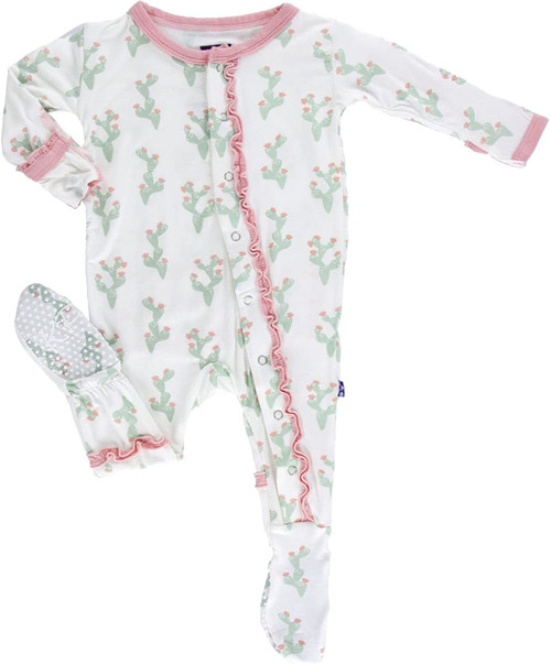 Print Ruffle Footie with Snaps in Natural Cactus