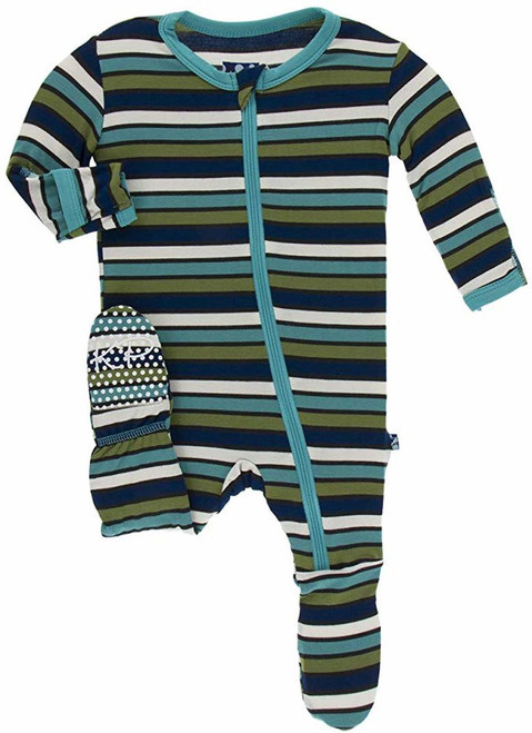 Print Footie with Zipper in Botany Grasshopper Stripe