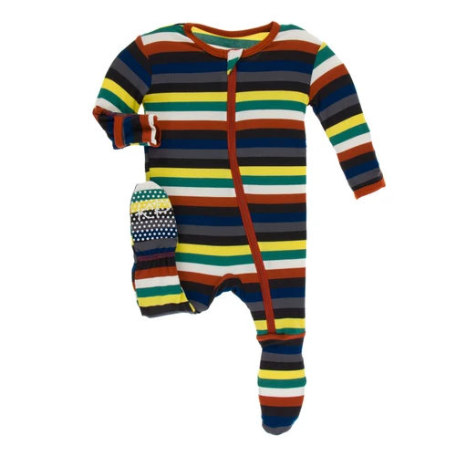 Print Footie with Zipper in Dark London Stripe