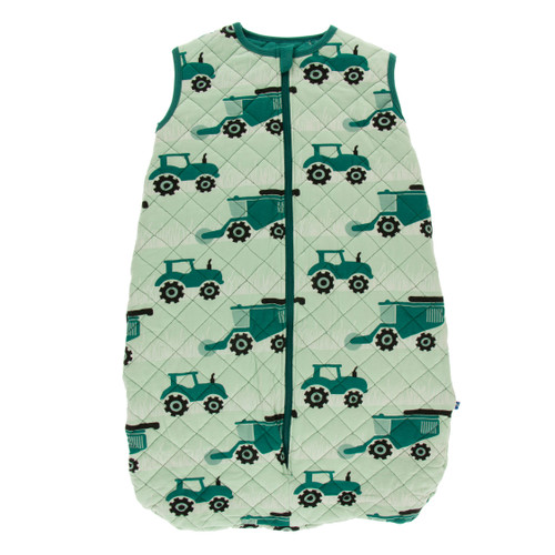 Print Quilted Sleeping Bag in Pistachio Tractors and Wheat/Ivy Chickens