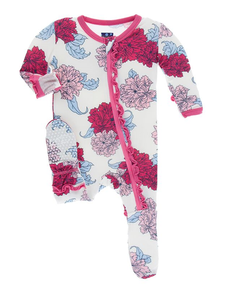 Classic Ruffle Zippered Footie in Natural Peony