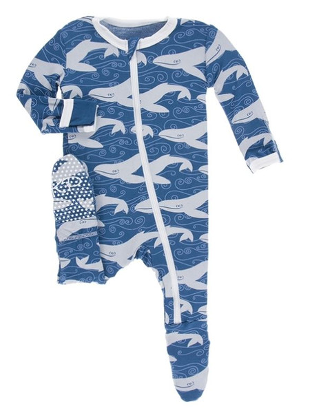 Print Footie with Zipper in Twilight Whales