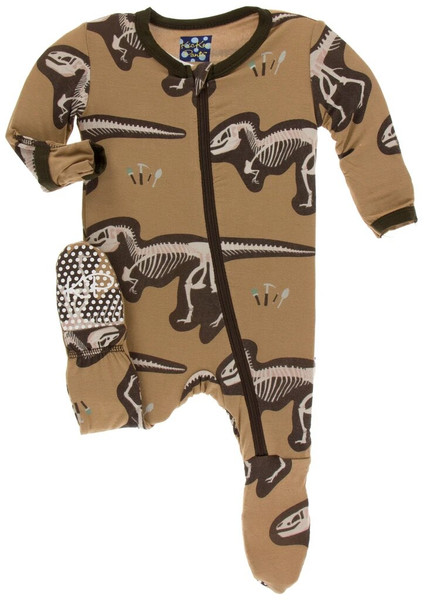 Print Footie with Zipper in Tannin T-Rex Dig