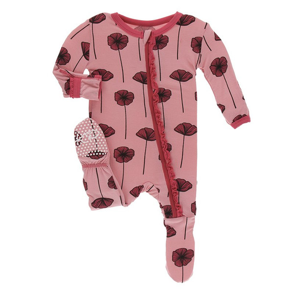 Print Ruffle Footie with Zipper in Strawberry Poppies