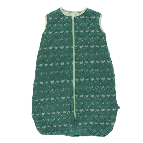 Print Quilted Sleeping Bag in Ivy Chickens/Pistachio Tractors and Wheat