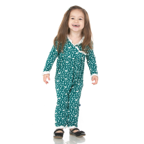 Long Sleeve Kimono Ruffle Romper in Jade Running Buffalo Clover