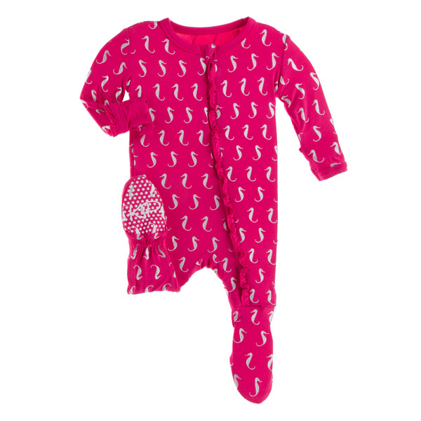 Classic Ruffle Footie with Zipper in Prickly Pear Mini Seahorses