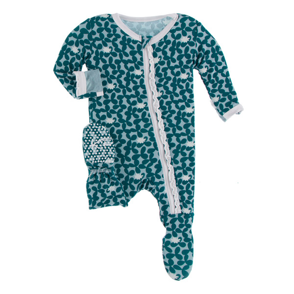 Muffin Ruffle Footie with Zipper in Jade Running Buffalo