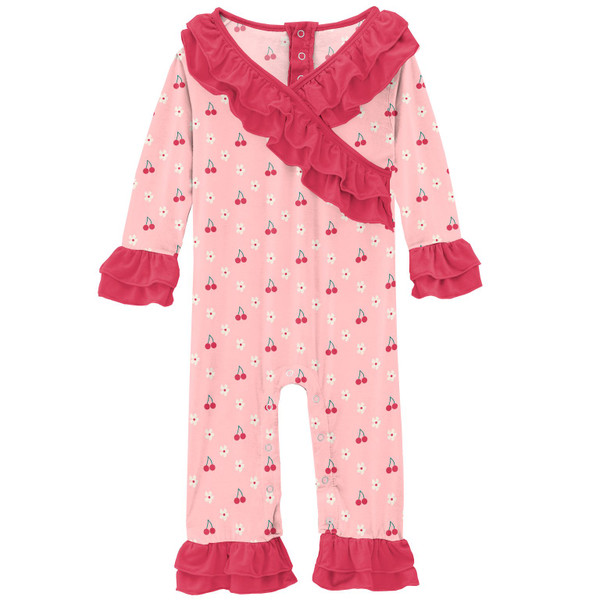 Long Sleeve Kimono Ruffle Romper in Lotus Cherries and Blossoms