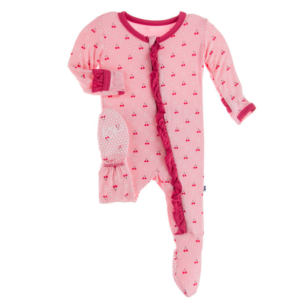 Classic Ruffle Zip Footie in Lotus Cherries and Blossoms