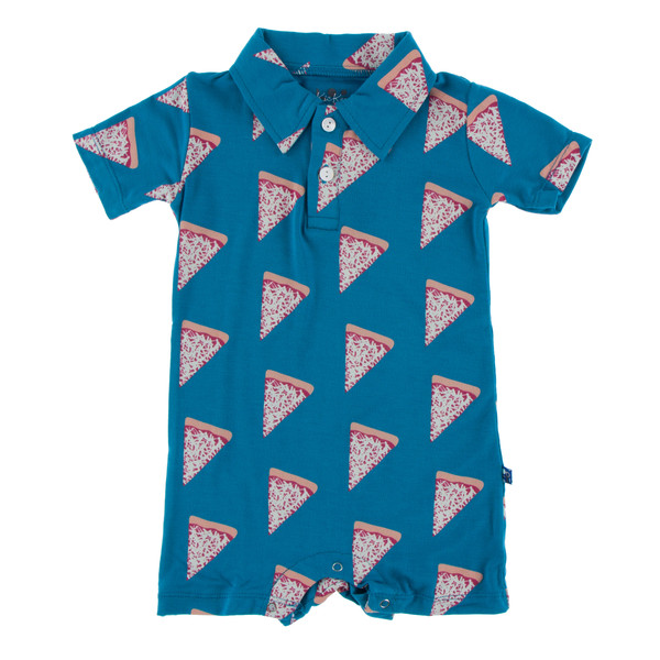 Short Sleeve Polo Romper in Seaport Pizza Slices