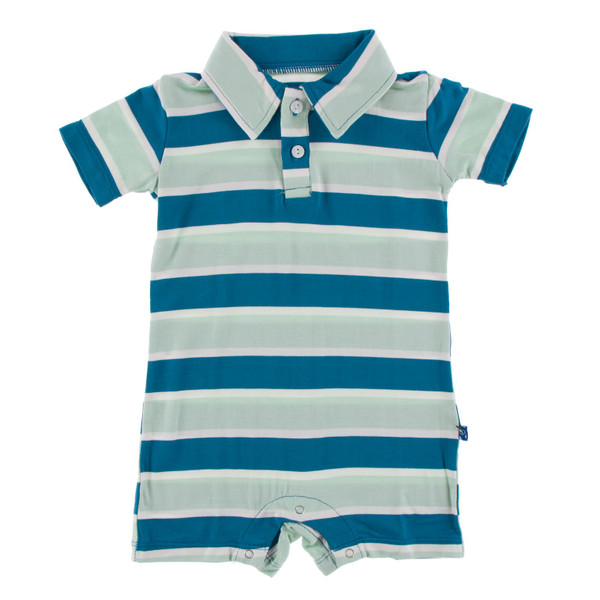 Short Sleeve Polo Romper in Seaside Cafe Stripe
