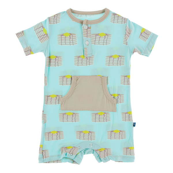 Short Sleeve Kangaroo Romper in Summer Sky Pancakes