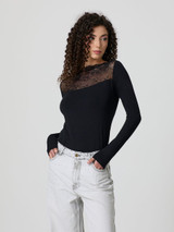JADEA Maglia donna in cotone elasticizzato, con scollo dritto manica lunga con pizzo 4464