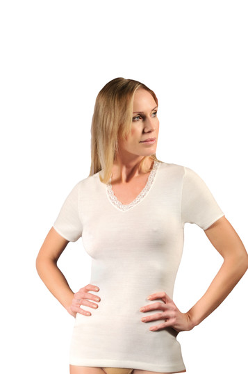 Maglia Intima Donna Manica Corta in Lana con Inserti in Pizzo Madiva Agnese