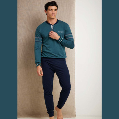 Enrico Coveri EP1150 Pigiama Uomo Lungo Estivo Cotone Collo Serafino