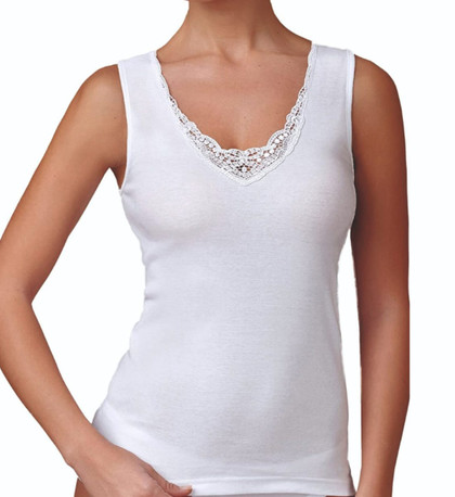 3 Pezzi Canotta Donna Spalla Larga Jadea 9201 Inserti in Macramè in Interlock
